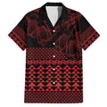 Red Taniko Kowhaiwhai Tukutuku Motif Family Matching Off Shoulder Maxi Dress and Hawaiian Shirt