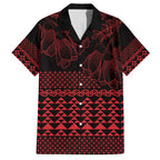 Red Taniko Kowhaiwhai Tukutuku Motif Family Matching Off Shoulder Maxi Dress and Hawaiian Shirt