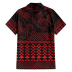 Red Taniko Kowhaiwhai Tukutuku Motif Family Matching Off Shoulder Maxi Dress and Hawaiian Shirt