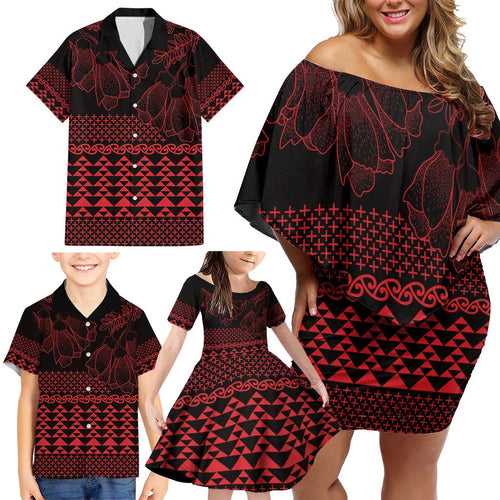 Red Taniko Kowhaiwhai Tukutuku Motif Family Matching Off Shoulder Short Dress and Hawaiian Shirt