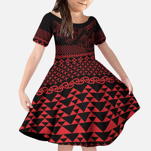Red Taniko Kowhaiwhai Tukutuku Motif Family Matching Puletasi and Hawaiian Shirt