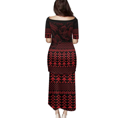 Red Taniko Kowhaiwhai Tukutuku Motif Family Matching Puletasi and Hawaiian Shirt