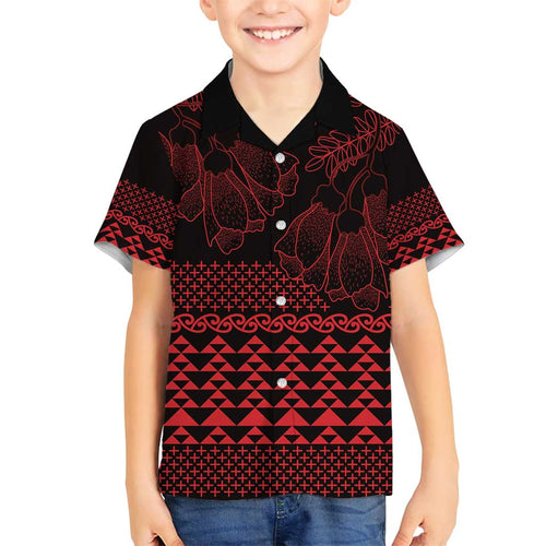 Red Taniko Kowhaiwhai Tukutuku Motif Family Matching Puletasi and Hawaiian Shirt