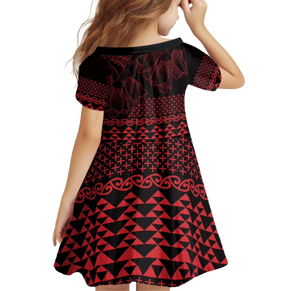 Red Taniko Kowhaiwhai Tukutuku Motif Kid Short Sleeve Dress