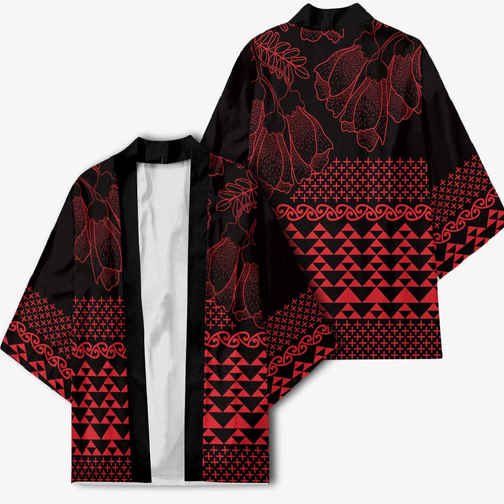 Red Taniko Kowhaiwhai Tukutuku Motif Kimono - Aussie Hoodie