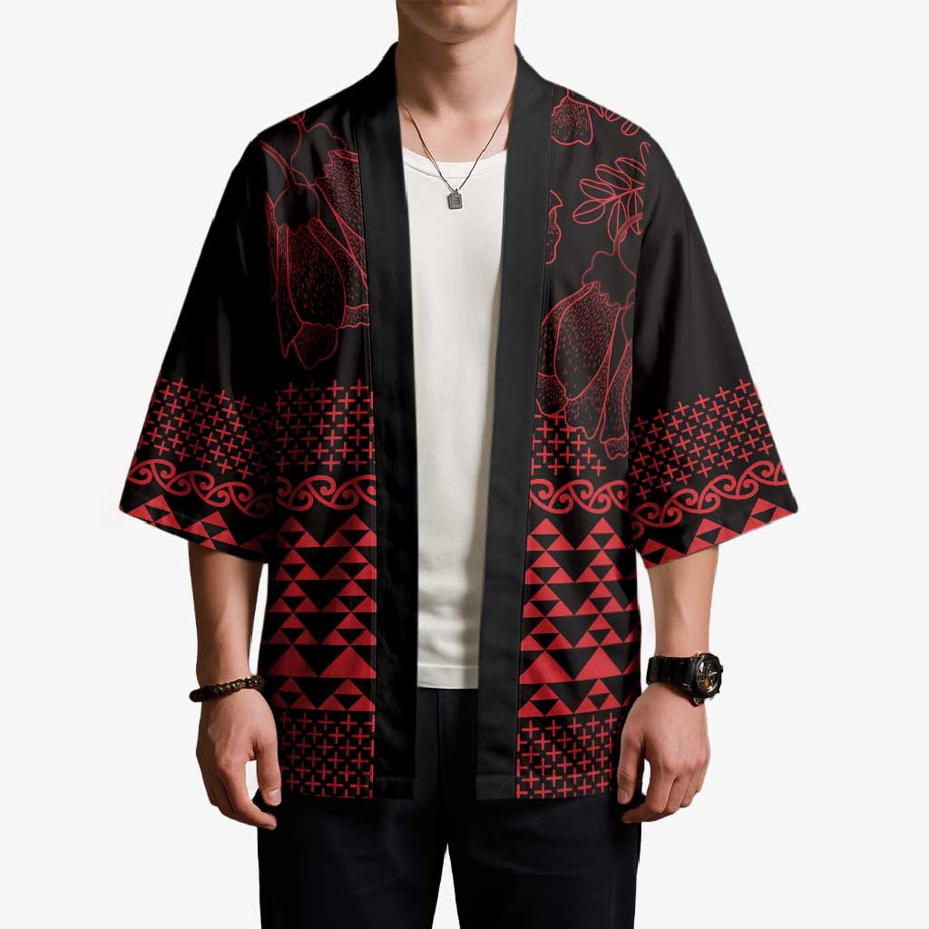 Red Taniko Kowhaiwhai Tukutuku Motif Kimono - Aussie Hoodie