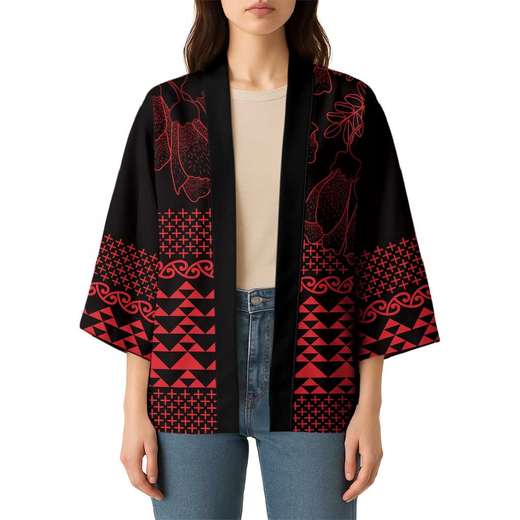 Red Taniko Kowhaiwhai Tukutuku Motif Kimono - Aussie Hoodie