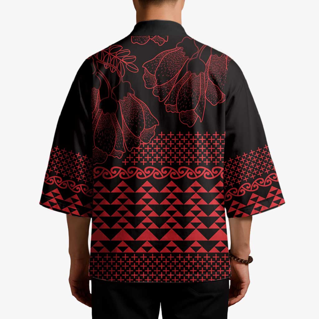 Red Taniko Kowhaiwhai Tukutuku Motif Kimono - Aussie Hoodie