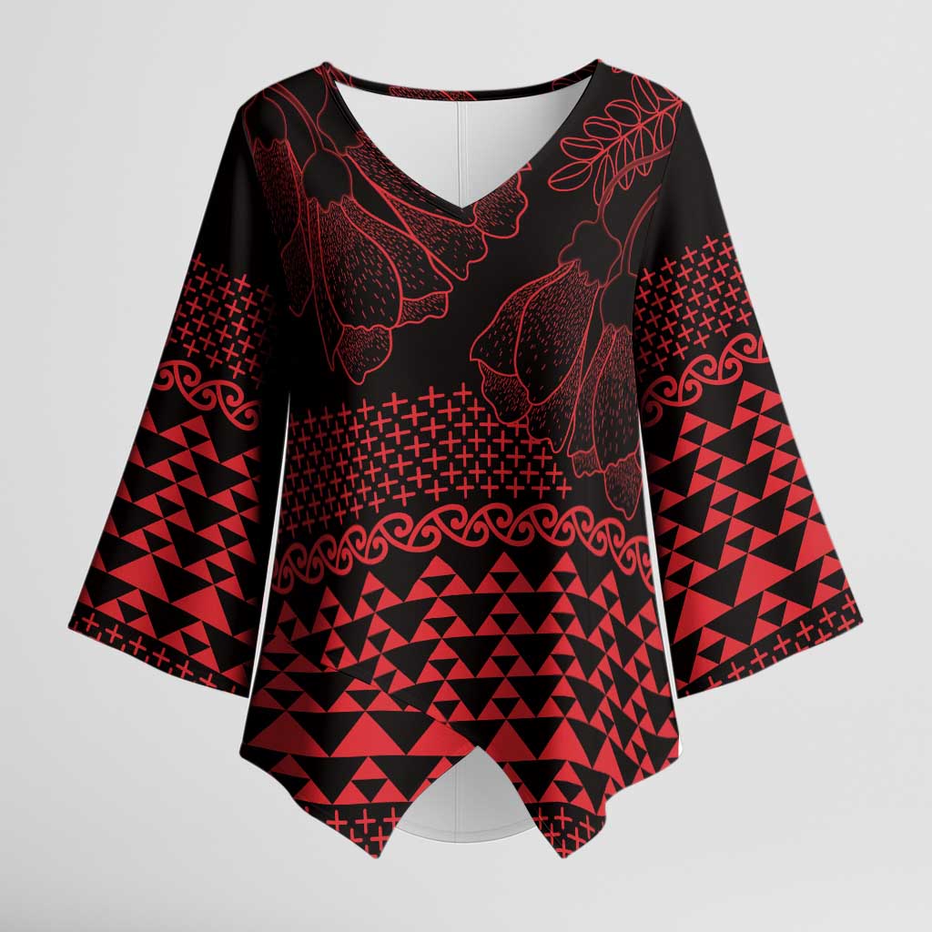 Red Taniko Kowhaiwhai Tukutuku Motif Kimono Sleeve Blouse - Aussie Hoodie