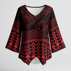 Red Taniko Kowhaiwhai Tukutuku Motif Kimono Sleeve Blouse - Aussie Hoodie