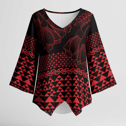 Red Taniko Kowhaiwhai Tukutuku Motif Kimono Sleeve Blouse - Aussie Hoodie