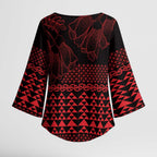 Red Taniko Kowhaiwhai Tukutuku Motif Kimono Sleeve Blouse - Aussie Hoodie