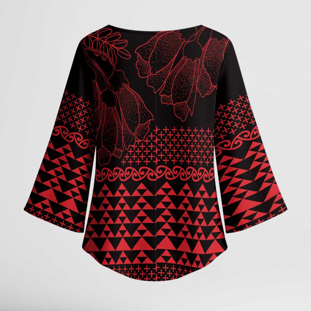 Red Taniko Kowhaiwhai Tukutuku Motif Kimono Sleeve Blouse - Aussie Hoodie