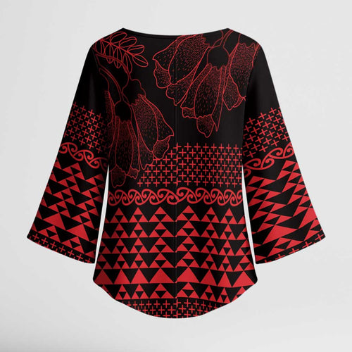 Red Taniko Kowhaiwhai Tukutuku Motif Kimono Sleeve Blouse - Aussie Hoodie