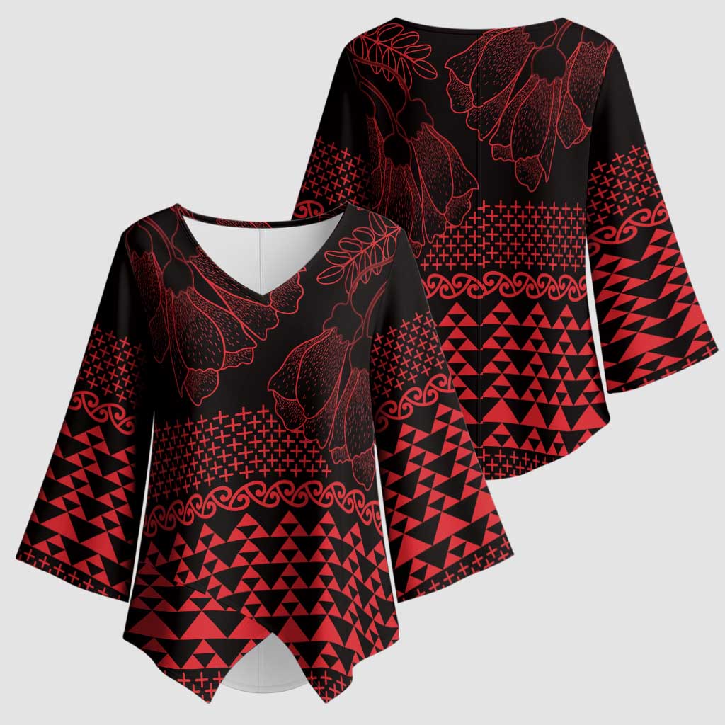 Red Taniko Kowhaiwhai Tukutuku Motif Kimono Sleeve Blouse - Aussie Hoodie