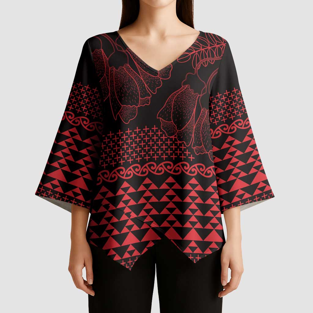 Red Taniko Kowhaiwhai Tukutuku Motif Kimono Sleeve Blouse - Aussie Hoodie