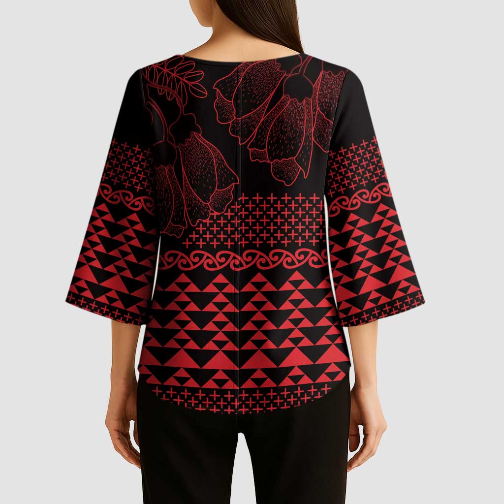 Red Taniko Kowhaiwhai Tukutuku Motif Kimono Sleeve Blouse - Aussie Hoodie
