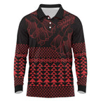 Red Taniko Kowhaiwhai Tukutuku Motif Long Sleeve Polo Shirt