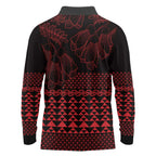Red Taniko Kowhaiwhai Tukutuku Motif Long Sleeve Polo Shirt