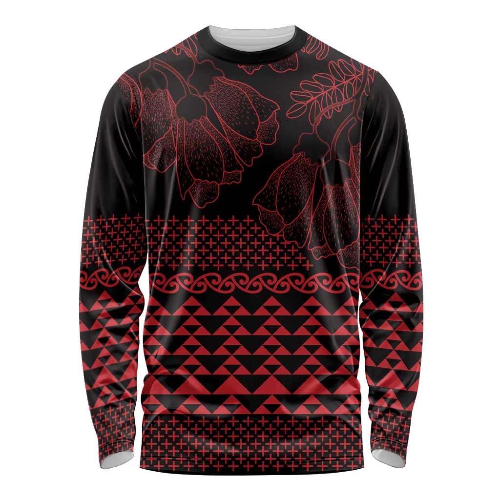 Red Taniko Kowhaiwhai Tukutuku Motif Long Sleeve Shirt