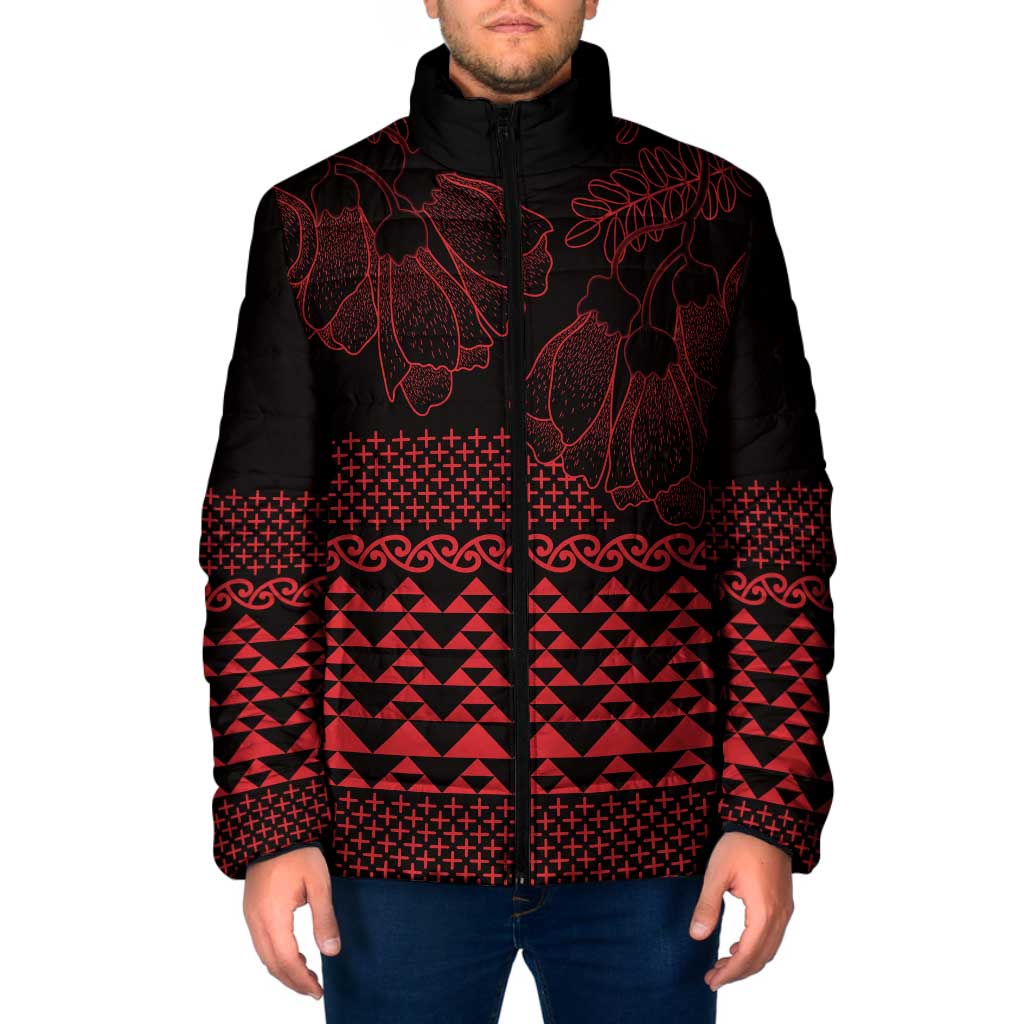Red Taniko Kowhaiwhai Tukutuku Motif Padded Jacket - Aussie Hoodie