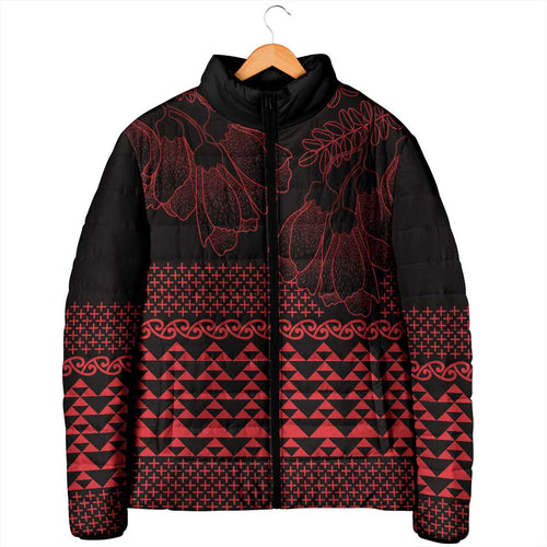 Red Taniko Kowhaiwhai Tukutuku Motif Padded Jacket - Aussie Hoodie