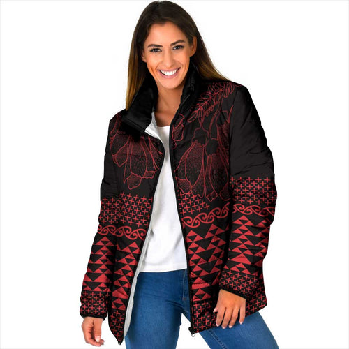 Red Taniko Kowhaiwhai Tukutuku Motif Padded Jacket - Aussie Hoodie