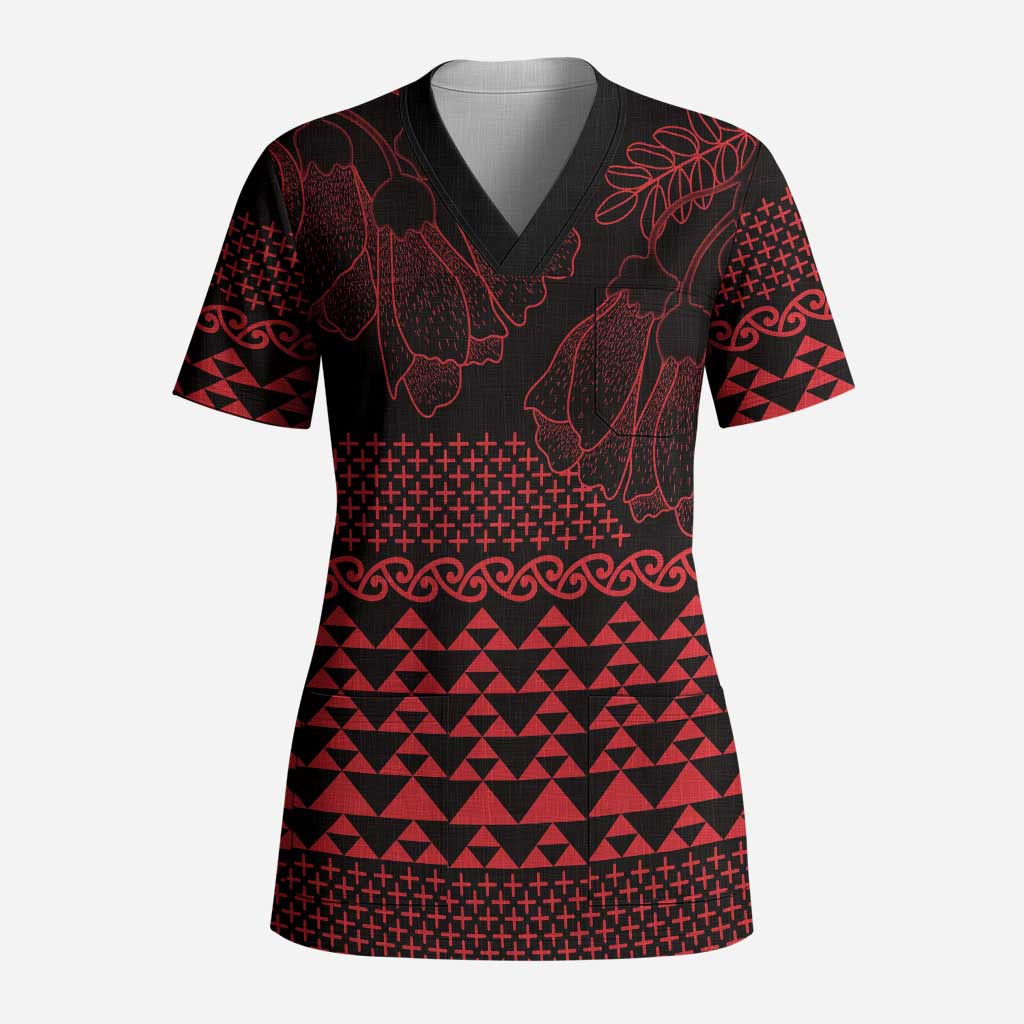 Red Taniko Kowhaiwhai Tukutuku Motif Scrub Top - Aussie Hoodie