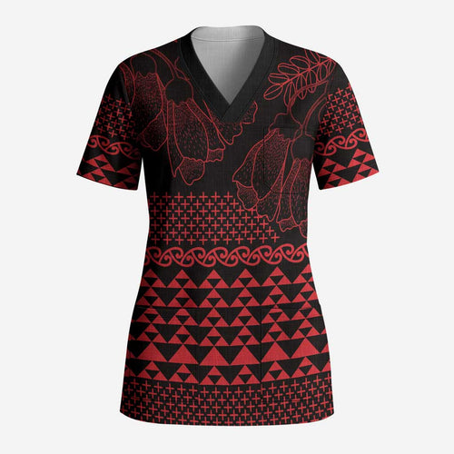 Red Taniko Kowhaiwhai Tukutuku Motif Scrub Top - Aussie Hoodie