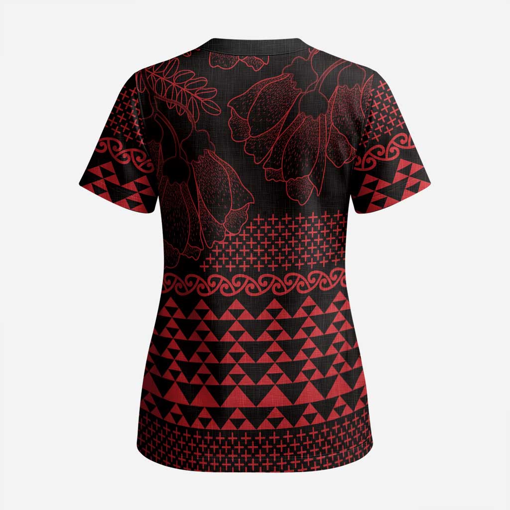 Red Taniko Kowhaiwhai Tukutuku Motif Scrub Top - Aussie Hoodie