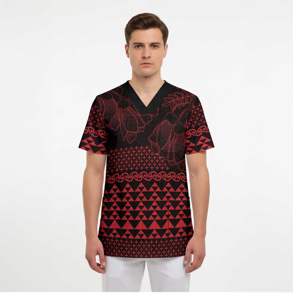 Red Taniko Kowhaiwhai Tukutuku Motif Scrub Top - Aussie Hoodie