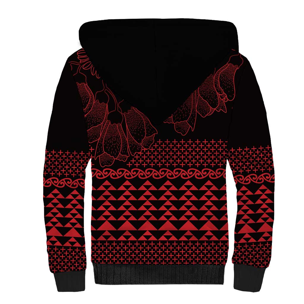 Red Taniko Kowhaiwhai Tukutuku Motif Sherpa Hoodie