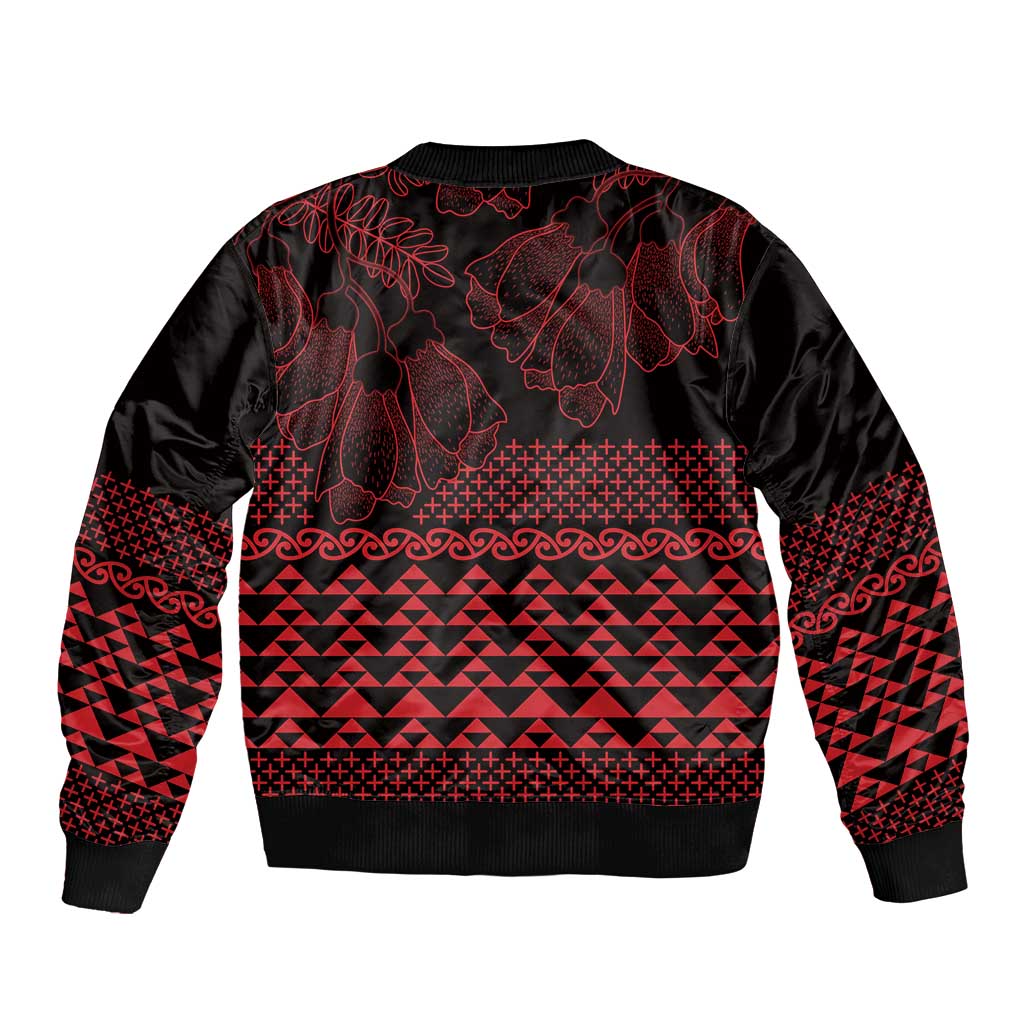 Red Taniko Kowhaiwhai Tukutuku Motif Sleeve Zip Bomber Jacket