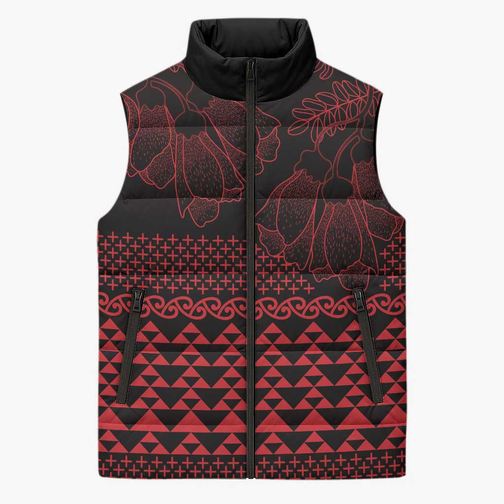 Red Taniko Kowhaiwhai Tukutuku Motif Sleeveless Puffer Jacket - Aussie Hoodie