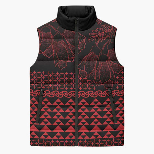 Red Taniko Kowhaiwhai Tukutuku Motif Sleeveless Puffer Jacket - Aussie Hoodie
