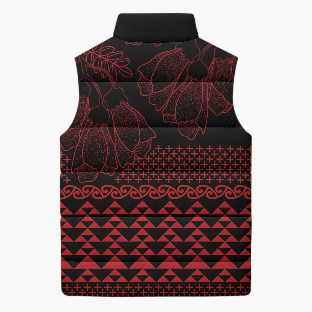Red Taniko Kowhaiwhai Tukutuku Motif Sleeveless Puffer Jacket - Aussie Hoodie