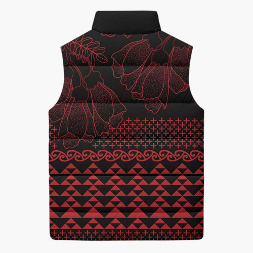 Red Taniko Kowhaiwhai Tukutuku Motif Sleeveless Puffer Jacket - Aussie Hoodie