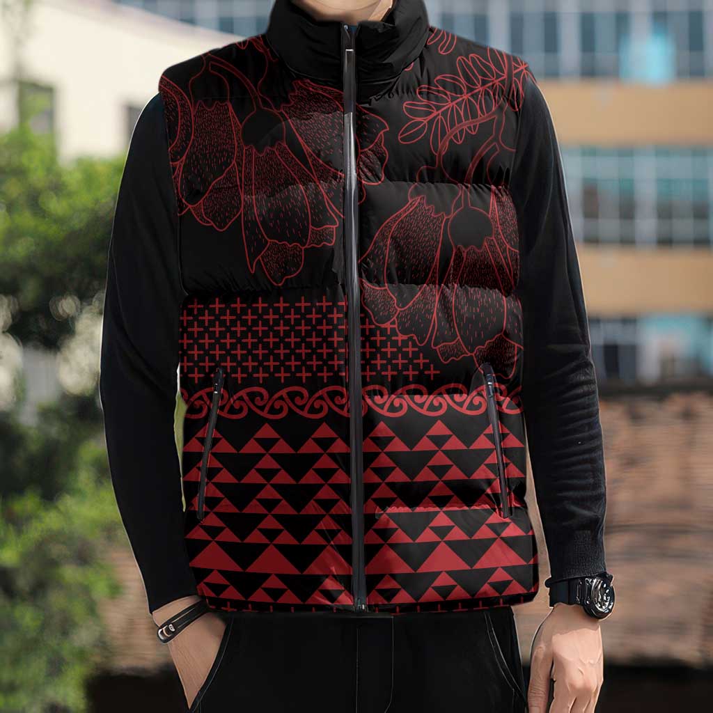 Red Taniko Kowhaiwhai Tukutuku Motif Sleeveless Puffer Jacket - Aussie Hoodie