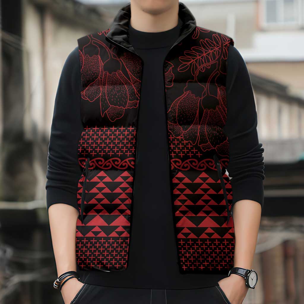Red Taniko Kowhaiwhai Tukutuku Motif Sleeveless Puffer Jacket - Aussie Hoodie