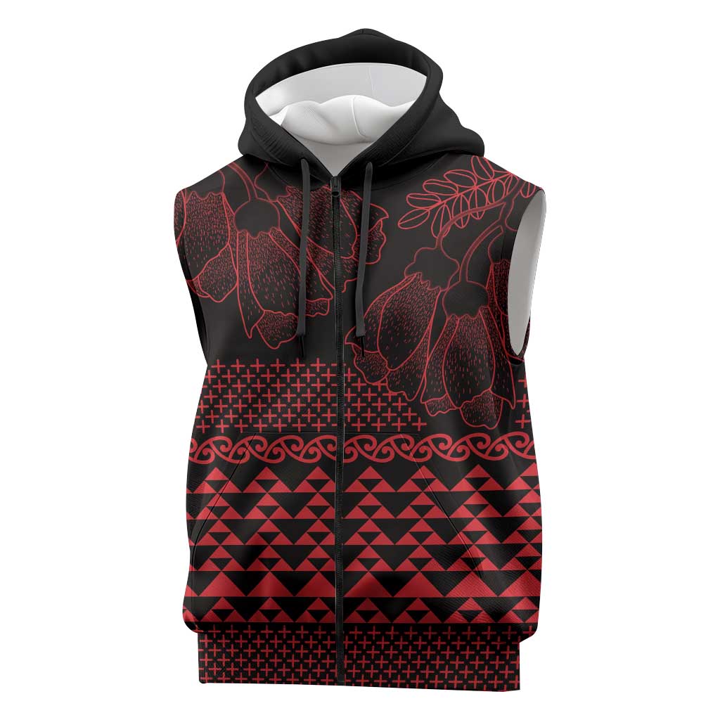 Red Taniko Kowhaiwhai Tukutuku Motif Sleeveless Zip Hoodie LT9