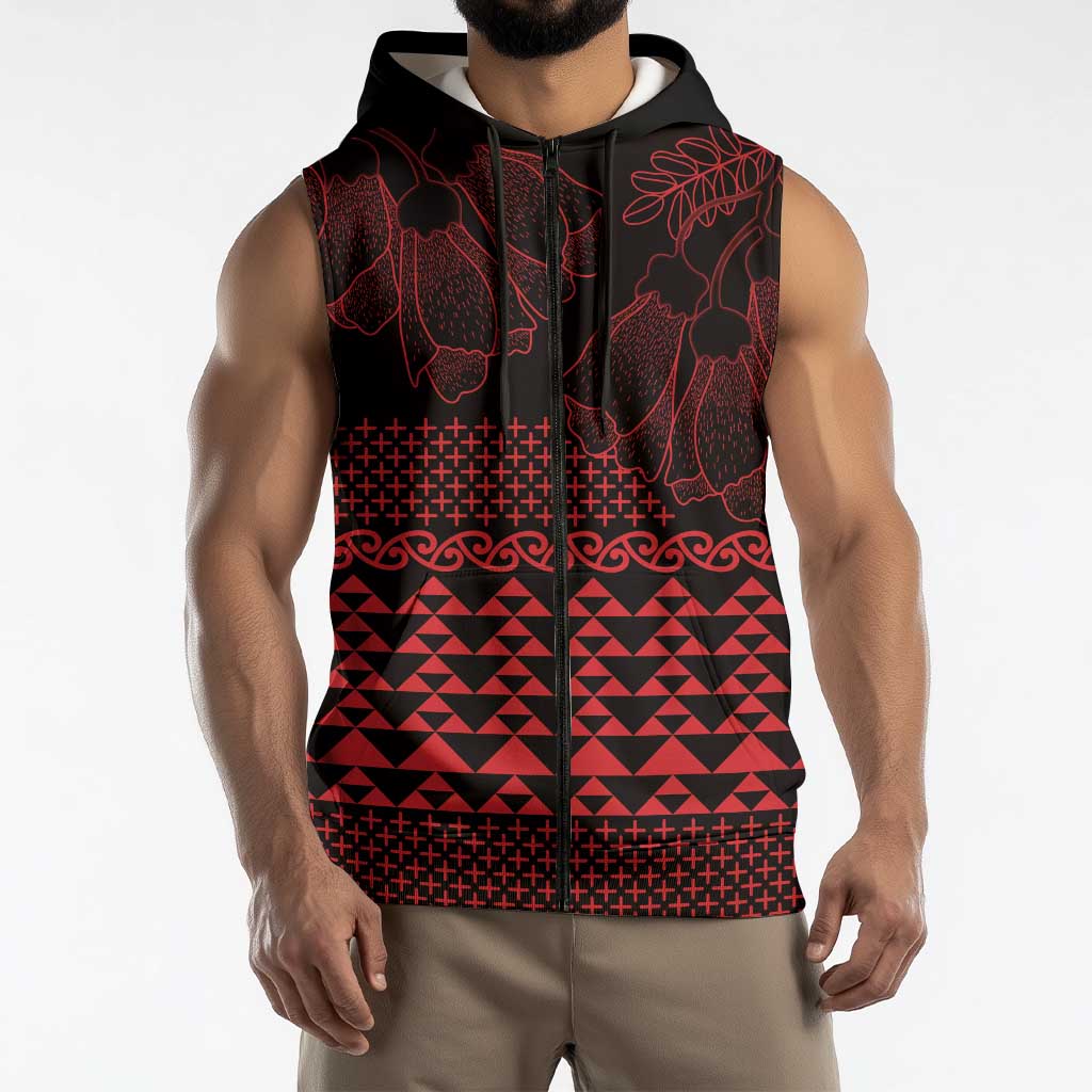 Red Taniko Kowhaiwhai Tukutuku Motif Sleeveless Zip Hoodie LT9