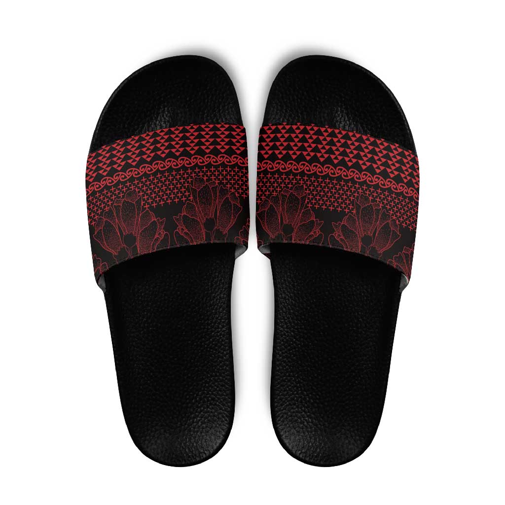 Red Taniko Kowhaiwhai Tukutuku Motif Slide Sandals - Aussie Hoodie