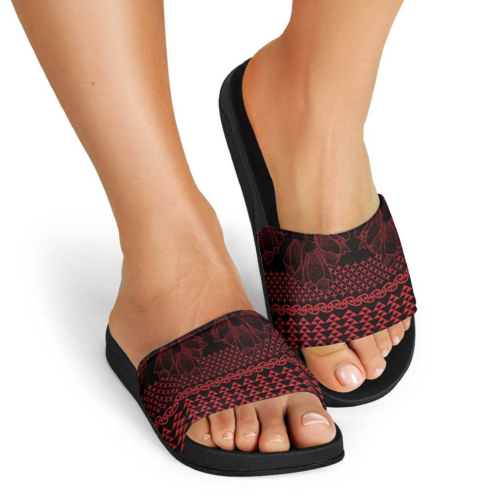 Red Taniko Kowhaiwhai Tukutuku Motif Slide Sandals - Aussie Hoodie
