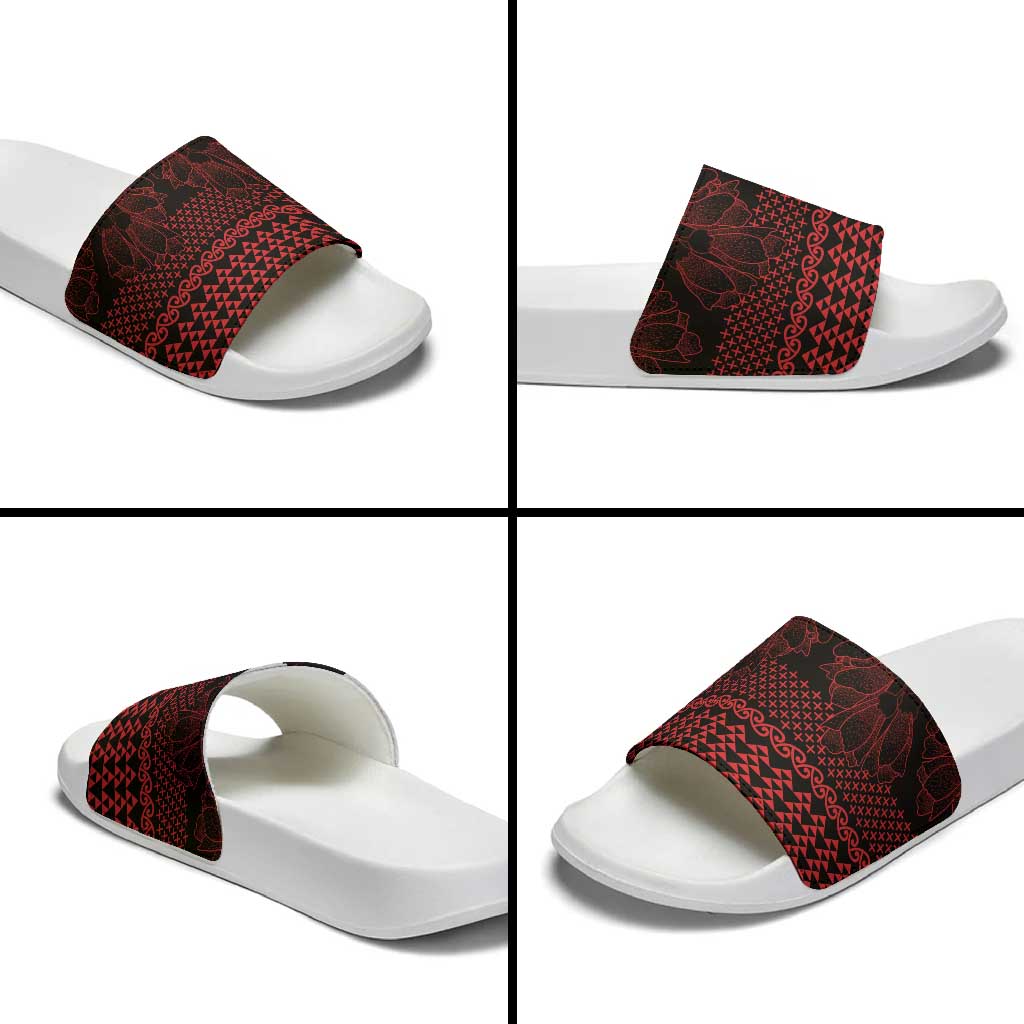 Red Taniko Kowhaiwhai Tukutuku Motif Slide Sandals - Aussie Hoodie