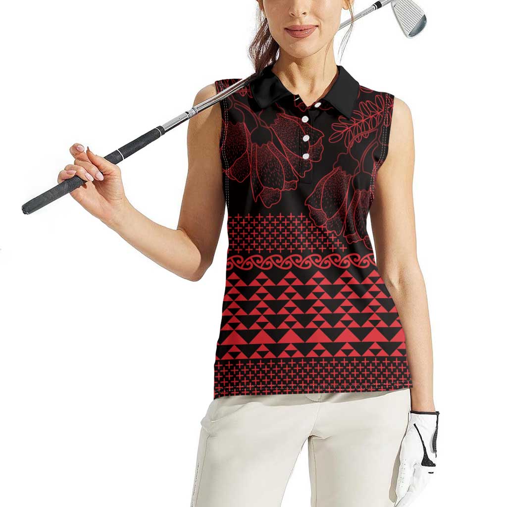 Red Taniko Kowhaiwhai Tukutuku Motif Women Sleeveless Polo Shirt