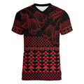 Red Taniko Kowhaiwhai Tukutuku Motif Women V-Neck T-Shirt
