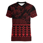 Red Taniko Kowhaiwhai Tukutuku Motif Women V-Neck T-Shirt
