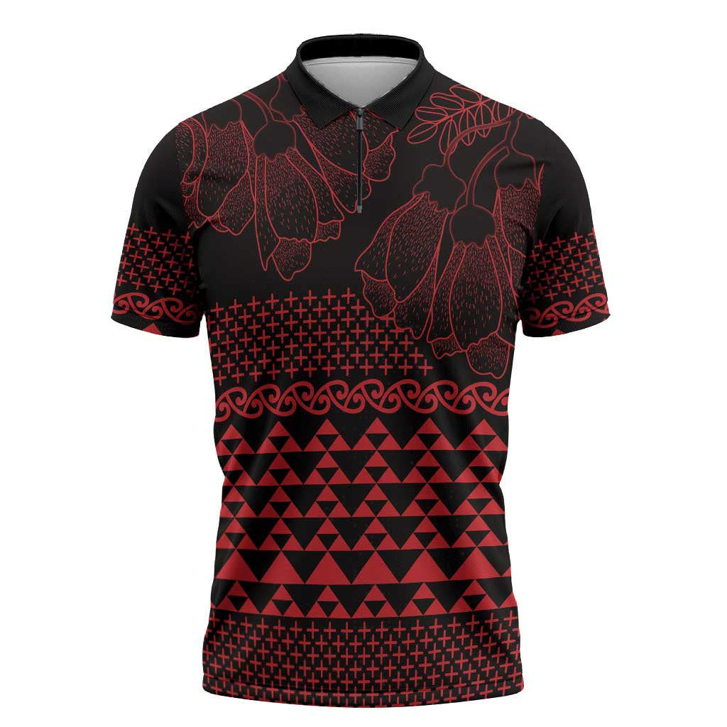 Red Taniko Kowhaiwhai Tukutuku Motif Zipper Polo Shirt - Aussie Hoodie