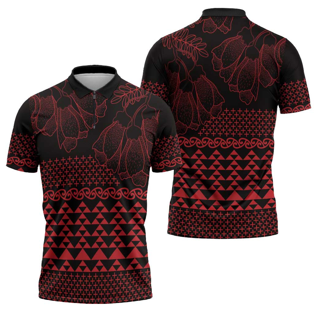 Red Taniko Kowhaiwhai Tukutuku Motif Zipper Polo Shirt - Aussie Hoodie