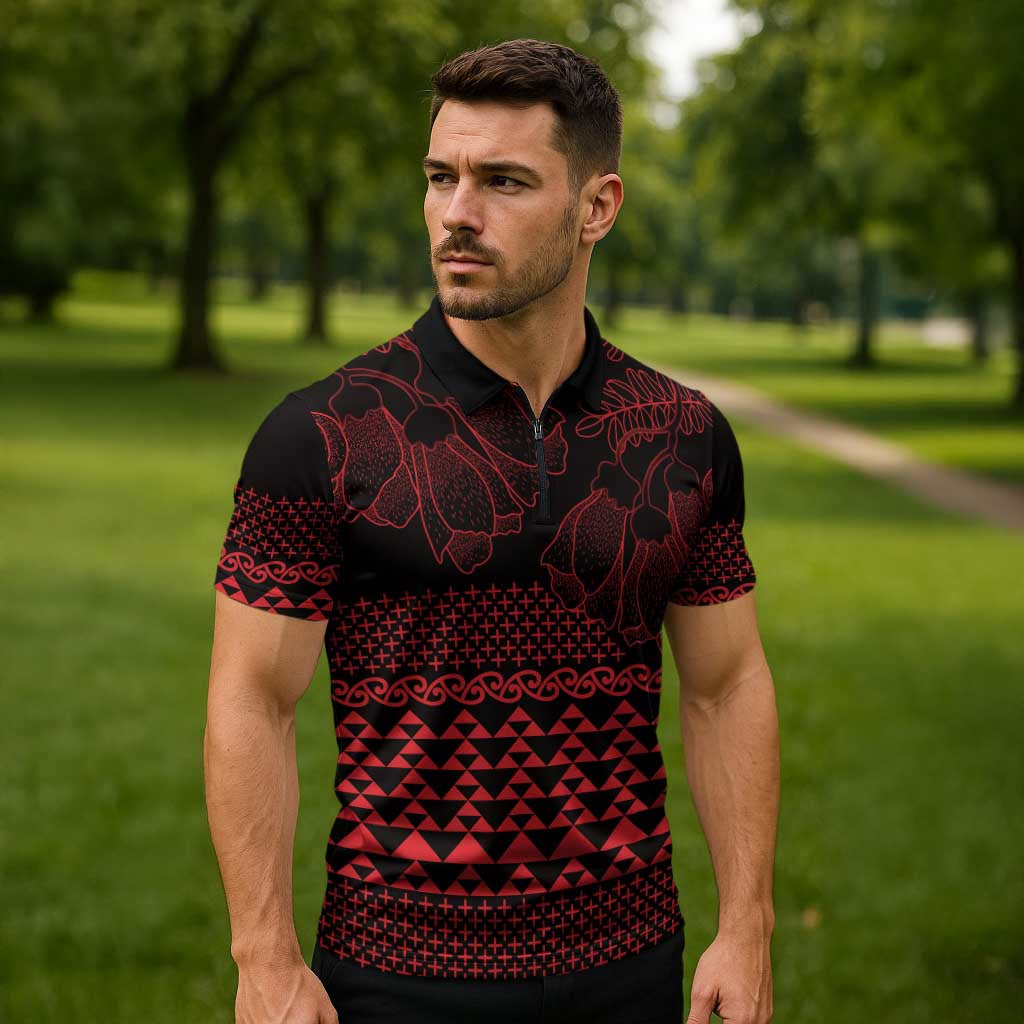 Red Taniko Kowhaiwhai Tukutuku Motif Zipper Polo Shirt - Aussie Hoodie